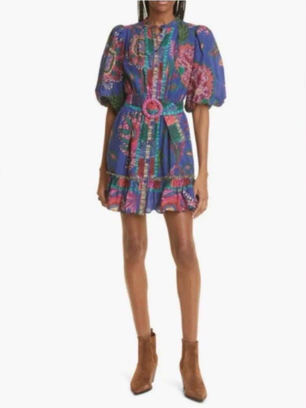 FARM Rio Sunset Tapestry Belted Multicolor Floral Mini Dress